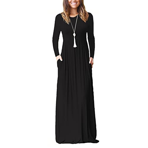 Damen Langarm Loose Plain Maxikleider Rundhalsausschnitt Seitentaschen Lässiges Langes Kleid(XXL-Schwarz) von Estink