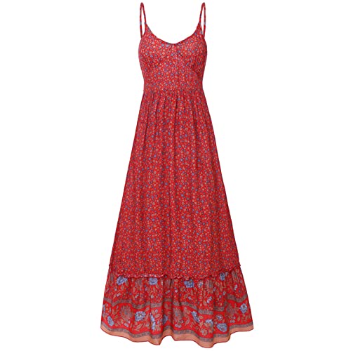 Damen Sommer V-Ausschnitt Spaghettiträger Kleid Boho Blumendruck Elastische Taille Low Cut Maxikleid(L-Rot) von Estink