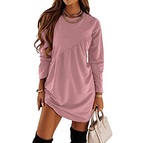 Einfarbiges Damen-Rüschen-Pullover-Minikleid, Lässiges Langarm-T-Shirt-Kleid mit Rundhalsausschnitt für Den Alltag(L-Rosa) von Estink