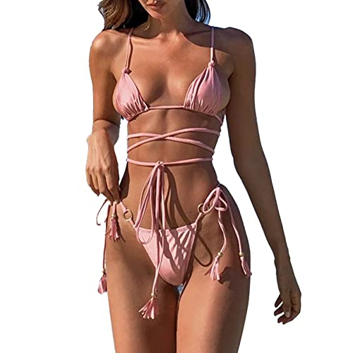 Estink Damen 2-teiliges String-Bikini-Set Tanga Quaste Dreieck Bikini Badeanzüge Badeanzug für Strandparty Schwimmbad (M) von Estink