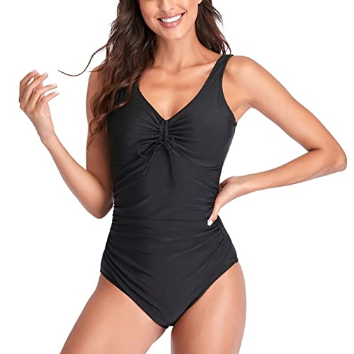 Estink Damen Badeanzug V-Ausschnitt Strandmode Swimsuit Bademode mit Kordelzug Bauchweg Sport Badeanzüge(L-Schwarz) von Estink