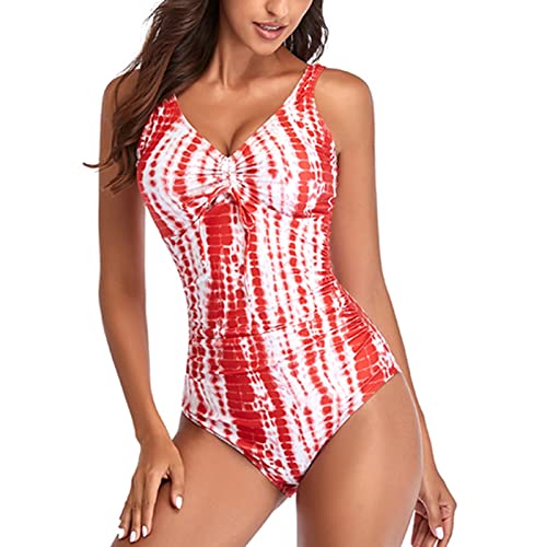 Estink Damen Badeanzug V-Ausschnitt Strandmode Swimsuit Bademode mit Kordelzug Bauchweg Sport Badeanzüge(M-roter Streifen) von Estink