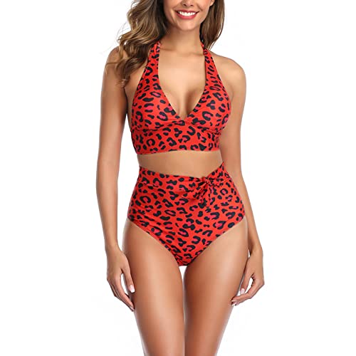 Estink Damen-Badeanzug mit Hoher Taille, 2-teilig, mit Leopardenmuster, Neckholder-Bikini-Sets, Badeanzug-Badebekleidung(M-Rot) von Estink