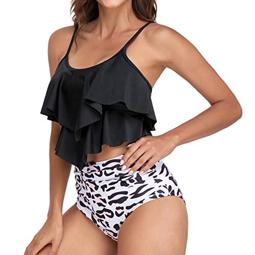 High Waist Bademode, Damen Zweiteiliger Bikini Set Hohe Taille Bikinihose mit Langem Volant, S - XXL (XXL-Oberer schwarzer unterer Leoparden-Druck) von Estink