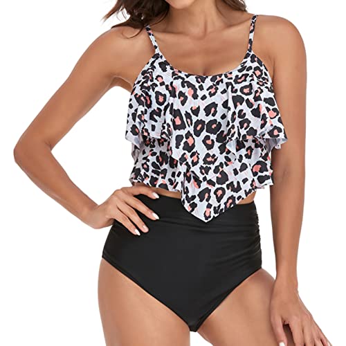 Estink Damen Bikini Set Bedruckt Badeanzug Rüschen High Waist Bauchweg Bademode Triangel Bikini Bademode (XXL-Oberes Leopardenmuster Unteres Schwarz) von Estink