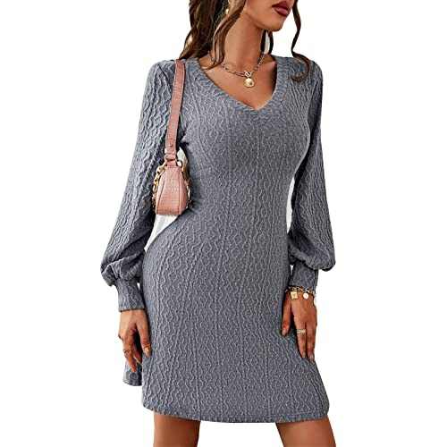 Estink Damen Bodycon Minikleid V-Ausschnitt Winter Knielang Strick Minikleider Langarm Strickkleid (L-Dunkelgrau) von Estink