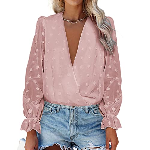 Estink Damen Chiffon Hemden V-Ausschnitt Lässige Langarm Swiss Dot Chiffon Blusen(S-Rosa) von Estink