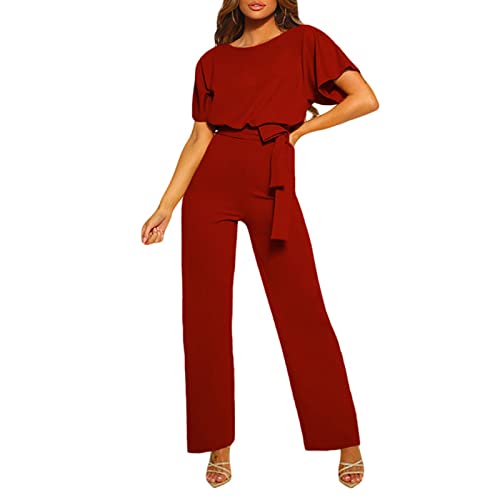 Estink Damen Jumpsuit mit Bindegürtel O Ausschnitt Playsuit Hoch Taillierter lang Overall Hosenanzug Sexy Hosen mit Gürtel(M-LC64520 Rot) von Estink