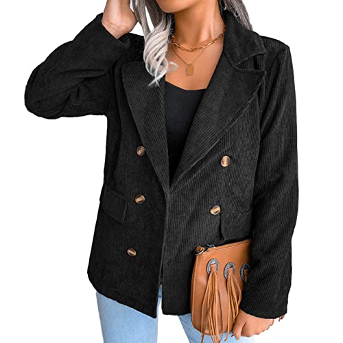 Estink Damen-Knopf-Cord-Blazer, Langarm-Revers, Zweireihiger Cord-Jacken-Mantel(S-Schwarz) von Estink