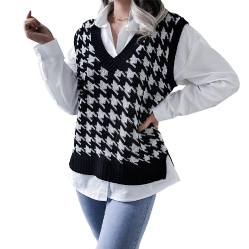 Estink Damen Pullunder Hahnentrittmuster Pullover V-Ausschnitt Strickpullover Farbblock Weste Strick Winter Strickweste Ärmellos Strick Weste (M) von Estink