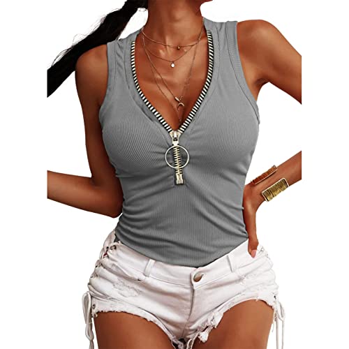 Estink Damen Reißverschluss Henley ärmellose Tanktops Rippstrick V-Ausschnitt ärmelloses Top Sommer Slim Top (L) von Estink