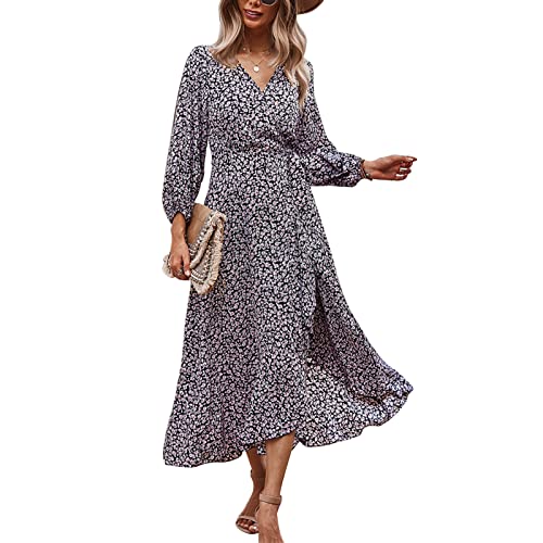 Estink Damen-Sommerkleid mit V-Ausschnitt, Unregelmäßigen Rüschen, Langen Ärmeln, Fließendem Boho-Maxikleid mit Bindegürtel(M-Schwarz) von Estink