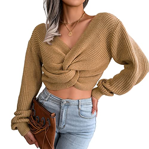 Estink Damen Strickpullover Sexy V Ausschnitt Pullover Tops Blusen Bauchfrei Oberteile Langarmshirt Pullover (L-Khaki) von Estink