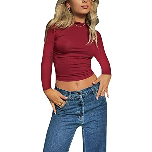 Estink Frauen Sexy Rückenfreie Tops Langarm Lässig Modisch Wendbar Slim Fit Crop Top(S-Rot) von Estink