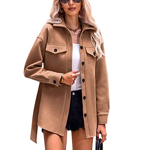 Estink Kurzer Mantel mit Gürtel Damen Klassischer Einreihiger Trenchcoat Damenmantel aus Wollmischung(M-helles Khaki) von Estink