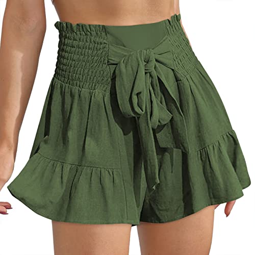 Estink Lässige Damen-Shorts, Sommer, Hohe Taille, Gürtel, Rüschen, Weites Bein, Kurze Hose, Reine Farbe, Bequem (M) von Estink