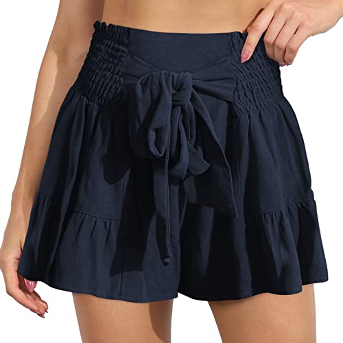 Estink Lässige Damen-Shorts, Sommer, Hohe Taille, Gürtel, Rüschen, Weites Bein, Kurze Hose, Reine Farbe, Bequem (M) von Estink