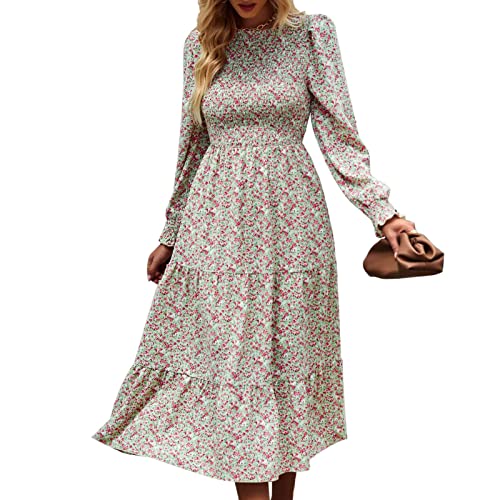 Estink Midi-Kleid für Damen, Lässiges Rundhalsausschnitt, Langärmliges Blumen-Urlaubs-Feiertagskleid(L-Grün) von Estink