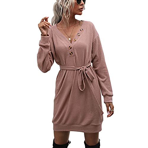 Estink Pulloverkleid Damen Sexy Strickkleid Vorderknopf Frauen Pulli Winterkleid Stricken Tunika Kleid(S-Graues Rosa) von Estink