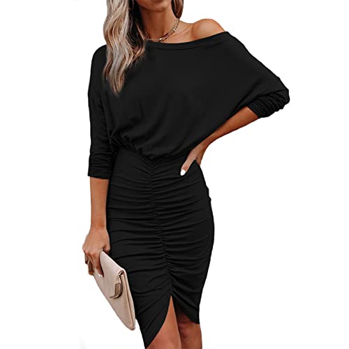 Estink Sexy Gerafftes, Figurbetontes Kleid für Damen, eine Schulter, Hüften, Figurbetontes Partykleid(S-Schwarz) von Estink