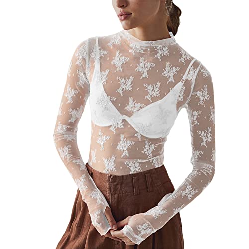 Frauen Floral Stickerei Spitze Langarm Mesh Top Sexy Durchsichtig Spitze T-shirt T-shirts (M) von Estink