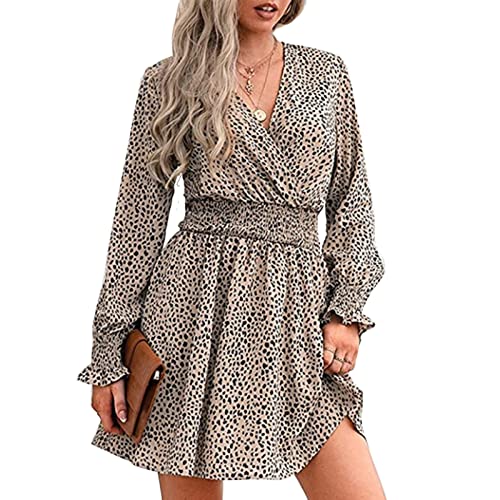 Frauen Langarm Kleid Wrap Tiefer V-Ausschnitt Verstellbare Taille Floral A-Linie Kurzes Kleid für Frühling Sommer Herbst(XXL-Aprikose) von Estink