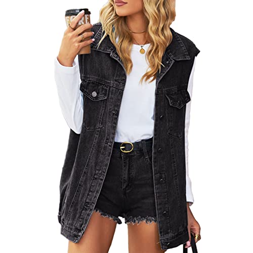 Jeansweste Damen Ärmellos Knopfleiste Weste Mit Taschen Umlegekragen Lockere Jeansjacke Cardigan (S-Schwarz) von Estink