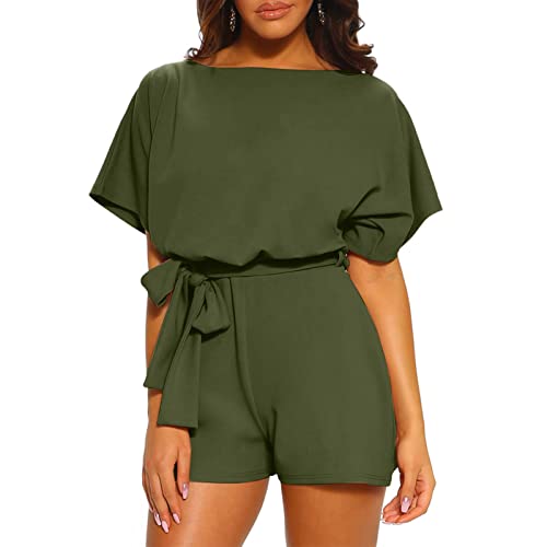 Kurzärmeliger Frauen-Overall Elegant Playsuit Damen Jumpsuit mit Hoher Taille Gestaltet Kurz Sommer Kurz Strandkleid Spielanzug Einteiler (Grün, L) von Estink