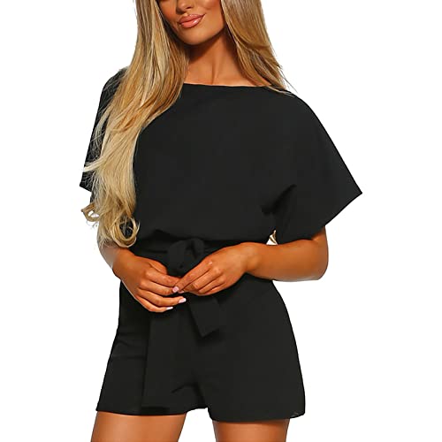 Kurzärmeliger Frauen-Overall Elegant Playsuit Damen Jumpsuit mit Hoher Taille Gestaltet Kurz Sommer Kurz Strandkleid Spielanzug Einteiler (L-Schwarz) von Estink