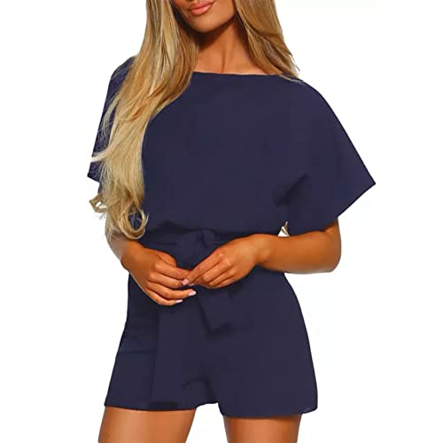 Elegant Overall Playsuit, Kurzärmeliger Frauen-Overall Sommer Jumpsuits mit Gürtel Überschlag (M-Blau) von Estink