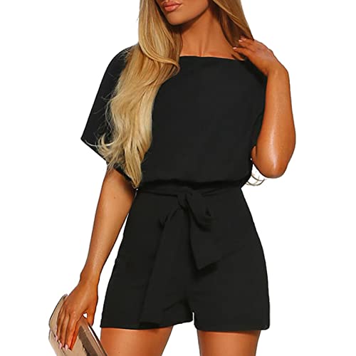 Kurzärmeliger Frauen-Overall Elegant Playsuit Damen Jumpsuit mit Hoher Taille Gestaltet Kurz Sommer Kurz Strandkleid Spielanzug Einteiler (XL-Schwarz) von Estink