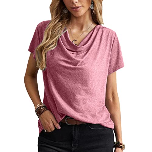 Kurzärmliges T-Shirt mit Wasserfallausschnitt für Damen, Reine Farbe, Lässig, Lockerer Pullover, T-Shirt (S) von Estink
