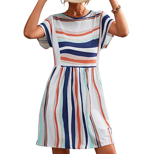 Lässiger Sommerkleid, Damen Gestreiftes Kleid Strandkleid, T -Shirt -Stil und Streifen gedrucktes Design, Lose Kleid(S-Orange-Weiß) von Estink