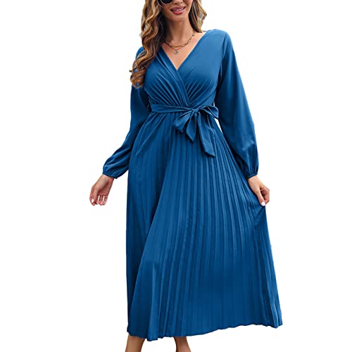 Langes Damen-Laternenärmel-Wickel-V-Ausschnitt mit Gürtel, A-Linie, Plissiertes Maxikleid für Den Winter-Herbst(S-Blau) von Estink