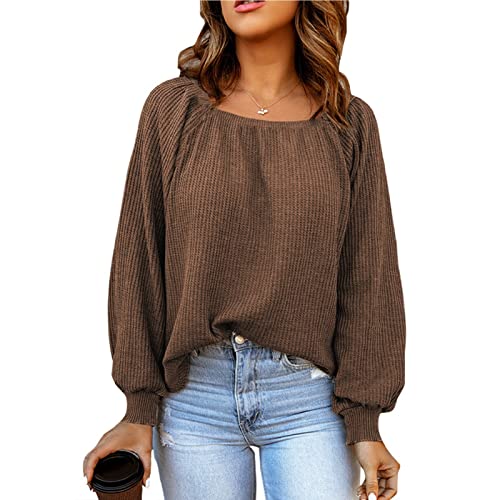 Pullover Damen Elegant Oberteile Schulterfrei Elegant Tops Pullover T-Shirt mit Puffärmeln (S-Braun) von Estink