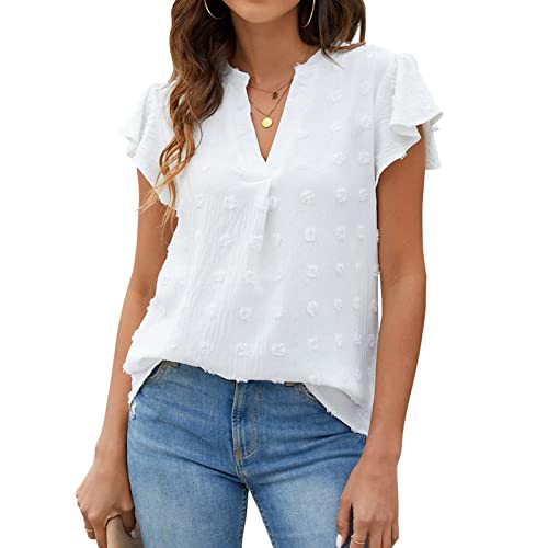 T-Shirt Damen Oberteile Top Sexy V-Ausschnitt T Kurzarm Sommertop Einfarbig Elegant Sommer Blusen Rüschenärmeln, lockeres, Atmungsaktives(XXL-Weiß) von Estink