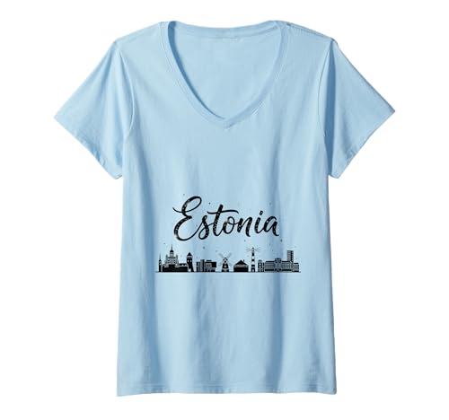 Damen Estland Skyline Reise Urlaub Outfits T-Shirt mit V-Ausschnitt Damen Estland Skyline Reise Urlaub Outfits T-Shirt mit V-Ausschnitt von Estonia Casual Clothes T-Shirts
