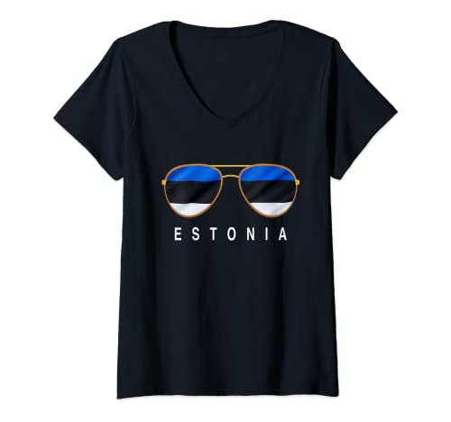 Damen Estland Sonnenbrille Estland Flagge Estland Estland T-Shirt mit V-Ausschnitt Damen Estland Sonnenbrille Estland Flagge Estland Estland T-Shirt mit V-Ausschnitt von Estonia Sunglasses, Estonia Flag, Estonian