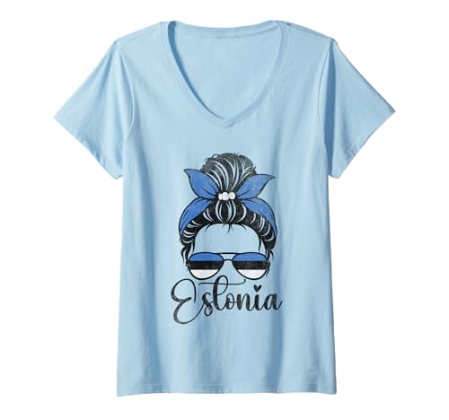 Damen Patriotische Estland Messy Bun Estnische Flagge Mädchen Kinder T-Shirt mit V-Ausschnitt von Estonian Estonia Flag Designs