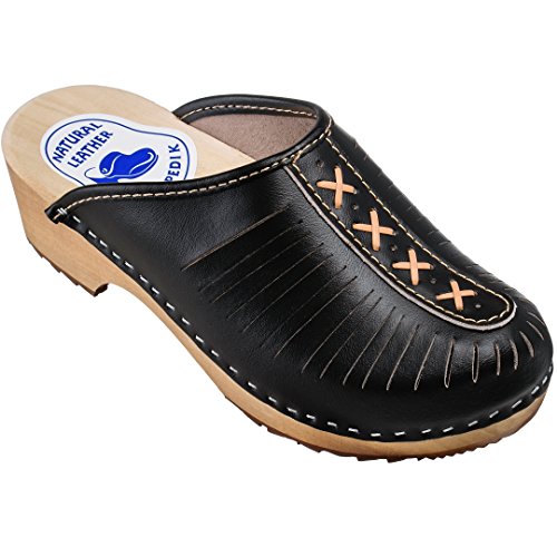 ESTRO Clogs Damen Holz Leder - Holzclogs Damen Clogs Leder Holzschuhe mit rutschfest Sohle CDL01 (38, CDL01 Onyx) von ESTRO