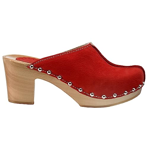 ESTRO Damen Clogs Leder Schuhe aus Holz CDL03 (Rot, 39) von ESTRO