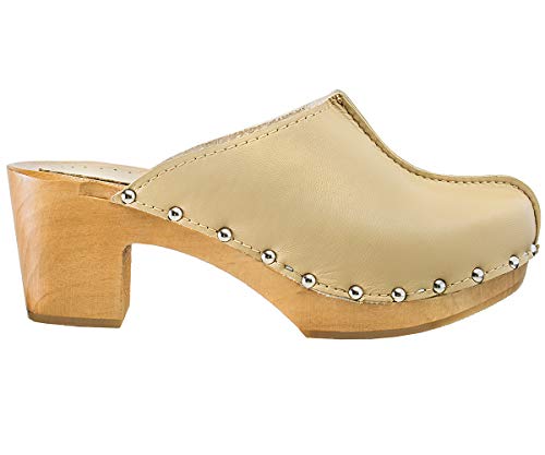 ESTRO Damen Clogs Leder Schuhe aus Holz CDL03 (Beige, 40) von ESTRO