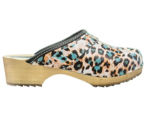 ESTRO Clogs Damen Holz Leder - Holzclogs Damen Clogs Leder Holzschuhe mit rutschfest Sohle CDL01 (CDL06 Panther, 40) von ESTRO