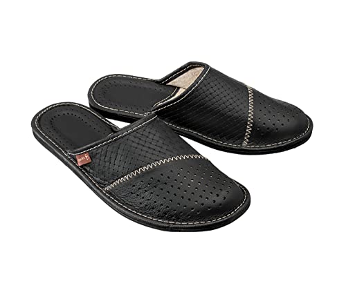 ESTRO Hausschuhe Herren Leder Herrenhausschuhe - Hausschuhe Männer Pantoffeln Herren Pantoletten Slippers M55 (47 EU, Schwarz) von ESTRO