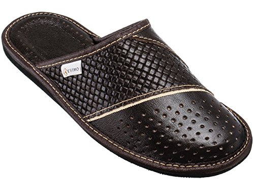 ESTRO Hausschuhe Herren Leder Herrenhausschuhe - Hausschuh Männer Pantoffel Pantoffeln Pantoletten Slipper Mann M66 (Braun, 41) von ESTRO