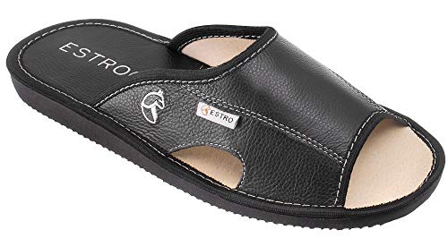 ESTRO Hausschuhe Herren Leder Herrenhausschuhe - Hausschuh Männer Pantoffel Pantoffeln Pantoletten Slipper Mann Verano (43 EU, Schwarz) von ESTRO