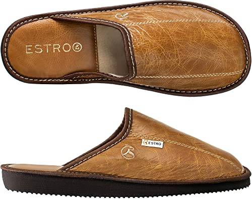 ESTRO Hausschuhe Herren Leder Herrenhausschuhe - Hausschuh Männer Pantoffel Pantoffeln Pantoletten Slipper Mann Warm Rust (46 EU, Kamel, 46) von ESTRO