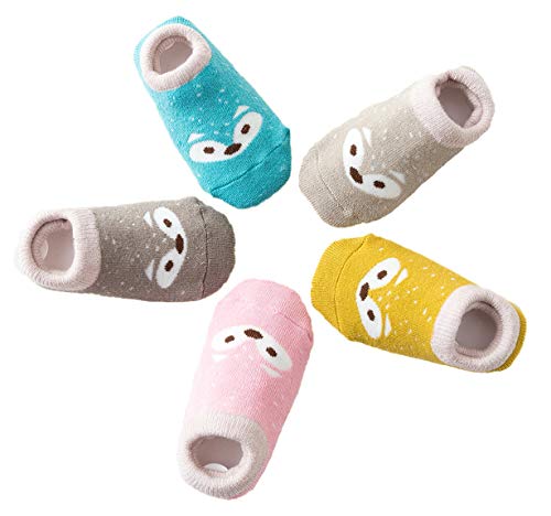 5 Paar Anti Rutsch Babysocken Kindersocken Erstlingssöckchen Kleinkind Rutschfest Baumwolle Socken mit Niedlich Fuchs Muster, Mehrfarbig, S(0-1 Jahre) von Estwell