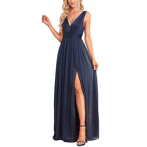 EsukAr Frauen Formale Abendkleid, Geraffte Prom Partei Ballkleid Maxi-Kleider,Blau,XXL von EsukAr