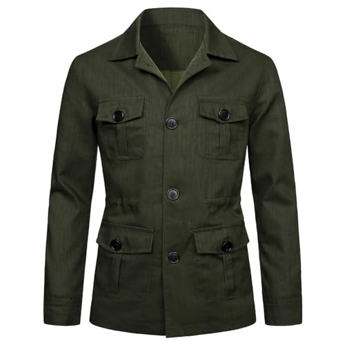 EsukAr Herren Leichte Safari Jacke Lässig Leinen Knopf Bis Multi-Pocket Cargo-Mantel Oberbekleidung,Army Green,4XL von EsukAr